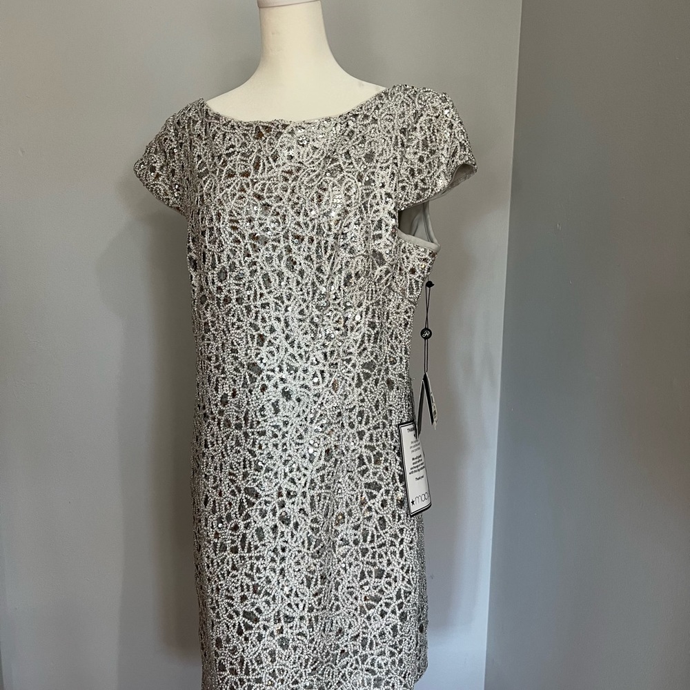 Adrianna Papell Silver Lace Midi Dress